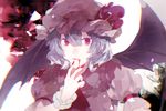  armband ascot bad_id bad_pixiv_id bangs bat_wings blood blood_from_mouth blue_hair bow fang fang_out fingernails fingers_to_mouth frilled_shirt_collar frills hair_between_eyes hat hat_bow highres light long_fingernails looking_at_viewer mob_cap nail_polish petals pink_nails pink_shirt puffy_short_sleeves puffy_sleeves purple_eyes red_pupils remilia_scarlet shirt short_hair short_sleeves shuukenyuu solo touhou upper_body white_background wings wrist_cuffs 