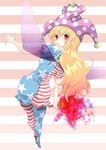  american_flag_dress american_flag_legwear ass bangs blonde_hair blush clownpiece dress fairy_wings full_body hand_up hat highres jester_cap komiru legs long_hair looking_at_viewer looking_back pantyhose pink_background red_eyes shiny shiny_hair short_dress short_sleeves smile solo striped striped_background striped_dress striped_legwear thighs torch touhou white_background wings 