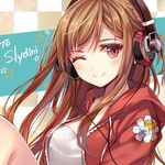  ;) blush braid brown_hair checkered checkered_background headphones hood hoodie jpeg_artifacts long_hair lowres momoko_(momopoco) one_eye_closed open_clothes open_hoodie smile solo star 