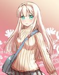  :3 bag between_breasts blush breasts commentary_request cosmos_(flower) floral_background flower gradient gradient_background green_eyes hair_ribbon highres kantai_collection long_hair looking_at_viewer messenger_bag misacho_(misa1001) pink_background pink_hair pleated_skirt ribbed_sweater ribbon shoulder_bag skirt solo sweater turtleneck yuudachi_(kantai_collection) 