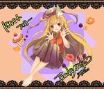  animal_ears bad_id bad_twitter_id barefoot black_dress blonde_hair blush breasts commentary_request cupcake doughnut dress eyebrows eyebrows_visible_through_hair floating food fox_ears fruit grapes hands_up hat highres junko_(touhou) legs long_hair long_sleeves looking_at_viewer medium_breasts open_hands open_mouth orange orange_background orange_slice purple_background red_eyes ribbon smile solo sprinkles tabard taut_clothes touhou translated two-tone_background varyu very_long_hair wide_sleeves 