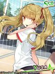  angel_beats! blonde_hair brown_eyes buruma gym_uniform headset long_hair miyoshino solo_focus twintails yusa_(angel_beats!) 