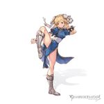 bare_legs blonde_hair blue_dress boots bracelet brown_eyes bun_cover china_dress chinese_clothes chun-li chun-li_(cosplay) copyright_name cosplay cross-laced_footwear djeeta_(granblue_fantasy) double_bun dress eyeshadow fighting_stance flexible full_body game_cg granblue_fantasy high_collar jewelry lace-up_boots leg_up legs makeup minaba_hideo no_legwear official_art pelvic_curtain puffy_short_sleeves puffy_sleeves ribbon sash see-through short_hair short_sleeves side_slit simple_background smile solo spiked_bracelet spikes standing standing_on_one_leg street_fighter white_background white_footwear white_ribbon 