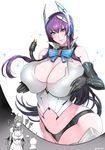  black_gloves blue_eyes breasts cleavage elbow_gloves fei_(maidoll) gloves hammer headgear highres huge_breasts long_hair looking_at_viewer parted_lips phantasy_star phantasy_star_online_2 plug purple_hair smile thought_bubble 