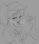  \n/ blush fang greyscale half-closed_eyes highres kantai_collection kitao_(kit0876) lineart looking_at_viewer monochrome motion_lines naughty_face oral_simulation ryuujou_(kantai_collection) sexually_suggestive solo tongue tongue_out twintails visor_cap 