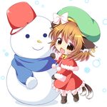  :3 :d animal_ears brown_eyes brown_hair cat_ears cat_tail chen fang green_hat hat hat_ribbon jewelry long_sleeves mittens mob_cap multiple_tails nekomata open_mouth pila-pela ribbon short_hair single_earring smile snowman solo tail touhou two_tails 