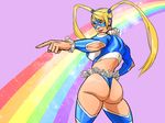  ass bare_shoulders blonde_hair blue_eyes breasts devantre long_hair mask pointing rainbow rainbow_mika solo street_fighter street_fighter_v twintails wrestling_outfit 