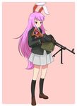  animal_ears bad_deviantart_id bad_id blazer bunny_ears full_body gun highres jacket kneehighs light_machine_gun long_hair machine_gun millimeter necktie pkm pleated_skirt purple_hair red_eyes reisen_udongein_inaba shoes simple_background skirt solo touhou trigger_discipline very_long_hair weapon 