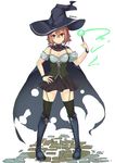  alternate_costume bare_shoulders blue_footwear boots breasts brown_eyes cape cleavage full_body garter_straps hair_between_eyes hairband halloween halloween_costume hand_on_hip hat highres kantai_collection knee_boots light_brown_hair looking_at_viewer medium_breasts red_hairband sakuhiko shiratsuyu_(kantai_collection) short_hair simple_background skirt solo thighhighs twitter_username wand white_background witch_hat 