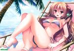  absurdres bikini breasts brown_hair cameltoe cleavage covered_nipples fixed happy high_heels highres huge_filesize jewelry large_breasts long_hair necklace ninoko non-web_source palm_tree red_eyes sandals solo swimsuit tree underboob 