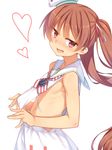  absurdres alternate_skin_color blush brown_eyes brown_hair dress fang flat_chest from_side hair_ribbon hat heart highres kantai_collection libeccio_(kantai_collection) long_hair navel no_bra nose_blush open_mouth racer_(magnet) ribbon sailor_dress smile solo twintails 