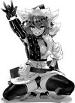  :d ajna_(indivisible) arm_up armor beads belt bracelet breasts coat cosplay dark_skin fur greyscale hair_between_eyes hat indivisible jewelry looking_at_viewer medium_breasts monochrome naso4 open_mouth panties pouch round_teeth short_hair smile solo spread_legs squatting teeth thighhighs underwear v-shaped_eyebrows white_background zebei_(indivisible) zebei_(indivisible)_(cosplay) 