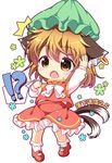  /\/\/\ 1girl animal_ears brown_eyes brown_hair cat_ears cat_tail chen dress fang green_hat hat jewelry long_sleeves mob_cap multiple_tails nekomata open_mouth pila-pela red_dress single_earring solo tail touhou two_tails 