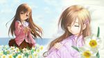  bow brown_eyes brown_hair closed_eyes commentary_request day dual_persona flower hair_ornament hairclip hand_on_own_chest hands_clasped head_tilt horizon long_hair miniskirt multiple_views narcissu narcissus_(flower) ocean own_hands_together pajamas pillow pleated_skirt sakura_setsumi school_uniform serafuku shirt skirt sky tsukiyo_umi 