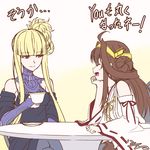  aoki_hagane_no_arpeggio blonde_hair brown_hair closed_eyes commentary crossover cup double_bun dress h-new hair_bun hairband japanese_clothes kantai_collection kongou_(aoki_hagane_no_arpeggio) kongou_(kantai_collection) long_hair multiple_girls namesake nontraditional_miko pantyhose ponytail red_eyes table teacup translated 