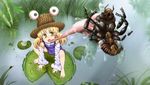  arm_support bamboo bangs blonde_hair bug cicada draw-till-death dress eyebrows_visible_through_hair flower from_above grass hair_ribbon hat insect ladybug lily_pad long_sleeves long_tongue lotus moriya_suwako open_mouth pond pyonta red_ribbon ribbon shiny shiny_skin short_hair solo squatting tongue tongue_out touhou water yellow_eyes 