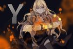  bad_id bad_pixiv_id bangs black_legwear blonde_hair closed_mouth fire long_hair motion_blur puffy_short_sleeves puffy_sleeves purple_eyes rwby shirt short_sleeves smile solo swept_bangs tanshi_shou text_focus thighhighs upskirt wavy_hair weapon yang_xiao_long yellow_shirt 