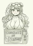  announcement_celebration asymmetrical_hair bikini blush bracelet breast_rest breasts cleavage congratulations earrings eyewear_on_head galko jewelry large_breasts long_hair monochrome oshiete!_galko-chan pas_(paxiti) scrunchie smile solo spaghetti_strap sunglasses swimsuit television v wrist_scrunchie 