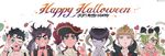  5boys animal_ears bandaged_fingers bandaged_head bandages bat_wings black_hair blonde_hair braid candy chocolate collar copyright_name double_bun fangs finger_to_mouth food giorno_giovanna green_hair grin halloween happy_halloween hat heart higashikata_jousuke hook_hand horns jojo_no_kimyou_na_bouken jonathan_joestar joseph_joestar_(young) kuujou_jolyne kuujou_joutarou lollipop mapi_(mup1228) multicolored_hair multiple_boys nail_polish one_eye_closed open_mouth pirate_hat pompadour pumpkin purple_skin red_nails sheep_horns smile spiked_collar spikes stitches tail twitter_username two-tone_hair werewolf wings wolf_ears wolf_tail 