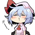  arms_at_sides bat_wings chibi closed_eyes commentary_request dress hair_between_eyes hat lavender_hair mob_cap pink_dress pout pouty_lips puffy_short_sleeves puffy_sleeves remilia_scarlet short_hair short_sleeves solo touhou twumi wings 