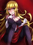  bad_id bad_pixiv_id bakemonogatari bare_shoulders beeyan blonde_hair breasts brown_eyes cleavage highres kiss-shot_acerola-orion_heart-under-blade large_breasts long_hair monogatari_(series) oshino_shinobu pantyhose smile solo 