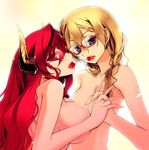  asymmetrical_docking bespectacled blonde_hair blue_eyes braid breast_press breasts cherry demon_girl food fruit glasses hair_over_shoulder holding_hands horns huge_breasts interlocked_fingers ishida_akira long_hair looking_at_viewer maou_(maoyuu) maoyuu_maou_yuusha mouth_hold multiple_girls nude official_art onna_kishi_(maoyuu) promotional_art red-framed_eyewear red_eyes red_hair rimless_eyewear semi-rimless_eyewear shared_food single_braid small_breasts tongue under-rim_eyewear yuri 