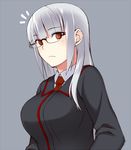  1girl breasts glasses heidimarie_w_schnaufer large_breasts long_hair looking_at_viewer momiji7728 necktie red_eyes silver_hair simple_background solo strike_witches surprised world_witches_series 