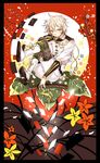  beads blonde_hair boots cross-laced_footwear flower hanafuda highres knee_boots lace-up_boots leaf legwear_under_shorts male_focus monoyoshi_sadamune pantyhose pantyhose_under_shorts petals print_legwear shigureru shorts smile solo sword touken_ranbu wakizashi weapon yellow_eyes 