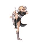  bare_legs black_dress blonde_hair boots bracelet brown_eyes bun_cover china_dress chinese_clothes chun-li chun-li_(cosplay) cosplay cross-laced_footwear djeeta_(granblue_fantasy) double_bun dress eyeshadow fighting_stance flexible full_body game_cg granblue_fantasy high_collar jewelry lace-up_boots leg_up legs makeup minaba_hideo no_legwear official_art pelvic_curtain puffy_short_sleeves puffy_sleeves ribbon sash see-through shiny shiny_skin short_hair short_sleeves side_slit simple_background smile solo spiked_bracelet spikes standing standing_on_one_leg street_fighter white_background white_footwear white_ribbon 