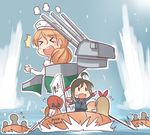  &gt;_&lt; 90mm_single_high-angle_gun_mount ahoge blush_stickers boat brown_hair closed_eyes commentary_request fairy_(kantai_collection) ido_(teketeke) inflatable_raft kantai_collection littorio_(kantai_collection) long_hair machinery multiple_girls nice_boat oto_152mm_triple_rapid_fire_gun_mount pleated_skirt reverse_translation skirt sweat translated turret watercraft 