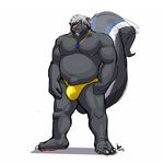  azure_(bluedude) biceps bin_(artist) bluedude bulge chubby clothed clothing eyewear facial_hair glasses goatee hair half-dressed looking_at_viewer male mammal musclegut muscular skunk solo speedo standing swimsuit topless white_hair 