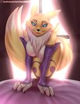  2015 bed bedroom_eyes blush breasts canine chest_tuft claws curtains digimon doomthewolf female fox fur half-closed_eyes hi_res inviting looking_at_viewer mammal open_mouth perfect_legs renamon seductive smile solo tuft window 