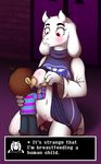  2015 anthro areola big_breasts bottomless breastfeeding breasts caprine clothed clothing digital_media_(artwork) dress dress_lift duo edit english_text erect_nipples female fur goat half-dressed human inside interspecies male mammal monster navel nipples protagonist_(undertale) pussy pussy_juice red_eyes text toriel undertale video_games wasajoke white_fur young 