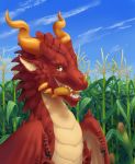  2018 chaichai2016 corn day digital_media_(artwork) dragon eyelashes female feral horn open_mouth outside red_scales scales scalie simple_background sitting sky smile solo teeth tongue western_dragon white_background yellow_eyes 