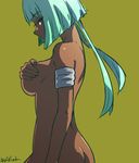  akairiot aqua_hair ass bad_deviantart_id bad_id brown_background covering covering_breasts dark_skin emerald_sustrai long_hair looking_at_viewer nude red_eyes rwby short_hair_with_long_locks signature simple_background solo 