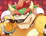  1boshi abstract_background blush bowser chubby cuffs_(disambiguation) eyewear glasses hair koopa leash male mario_bros nintendo red_eyes red_hair scalie shell solo sunglasses video_games 