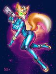  canine clothing female fox fox_mccloud gun hydralancer looking_at_viewer mammal nintendo ranged_weapon solo space star star_fox tight_clothing video_games weapon zero_suit zero_suit_fox 