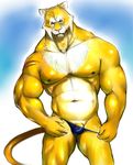  abs blue_background clothing colored feline iceman1984 male mammal muscular pecs penis saber-toothed_cat simple_background solo speedo swimsuit teasing underwear underwear_aside underwear_pull undressing 
