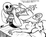  2015 annie-mae anthro bed black_sclera blush bone breasts caprine clothed clothing dialogue duo english_text eyes_closed female fur goat horn interspecies jacket lying male mammal monochrome monster navel nipples nude on_back open_mouth pillow raised_leg sans skeleton smile speech_bubble text toriel undertale video_games whoopee_cushion 