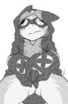  black_and_white blush bottomless clothed clothing covering covering_crotch embarrassed eyewear front_view goggles gremlin_(spiral_knights) half-dressed hoodie kyubikun male monochrome penis screentone signature solo spiral_knights 