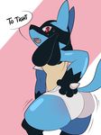  anthro black_fur blue_fur butt canine clothed clothing dialogue english_text eroborus fur half-dressed looking_at_viewer looking_back lucario male mammal multicolored_fur nintendo open_mouth pok&eacute;mon red_eyes solo sweat tan_fur text topless underwear video_games 