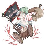  absurdres armband bad_id bad_twitter_id bare_legs blue_skirt clothes_writing coat commentary emu_(eomou) flag flugelhorn granblue_fantasy green_eyes green_hair harvin highres instrument leaf long_hair long_sleeves mimlememel miniskirt pointy_ears simple_background skirt sleeves_past_wrists solo spikes standing sunglasses translation_request tree_stump wheelchair white_background 