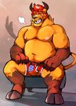  4_fingers biceps boxer_briefs breath brown_fur bulge chubby clothed clothing crashb feline fur hair half-dressed hooves horn hybrid lion male mammal multicolored_fur musclegut muscular navel nipples open_mouth red_hair sitting solo super-tuler topless two_tone_fur underwear yellow_eyes yellow_fur 