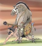  anthro beard brown_fur clothed clothing duo ear_piercing facial_hair fur glorantha grass hair half-dressed human long_hair mace male mammal melee_weapon morocanth nipples nude outside overweight piercing red_eyes role_reversal scravagghiupilusu959 skimpy skull tapir topless weapon 