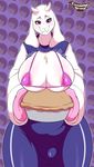  2015 anthro big_breasts bikini breasts caprine clothed clothing creamygravy english_text female food goat hi_res holding horn huge_breasts long_ears looking_at_viewer mammal monster pie solo swimsuit text toriel torn_clothing undertale video_games 