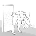  anthro bent_over bottomless canine clothed clothing digitigrade dog english_text flaccid half-dressed line_art mammal mirror penis simple_background solo spanking text tobicakes uncut 