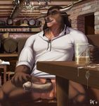  2015 5_fingers alcohol balls bar beer beverage blue_eyes bottomless bovine brown_fur brown_hair candle chair clothed clothing cum cum_on_penis fire food fur hair half-dressed humanoid_penis male mammal muscular penis pubes rov shirt sitting solo table tavern 