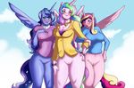  2015 anthro anthrofied bottomless breasts cleavage clothed clothing equine female friendship_is_magic group half-dressed horn horse looking_at_viewer mammal mesiasart my_little_pony pegasus pony princess_cadance_(mlp) princess_celestia_(mlp) princess_luna_(mlp) pussy standing winged_unicorn wings 