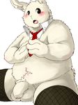  4_fingers anthro balls blush chubby clothing donguri flaccid fur humanoid_penis lagomorph legwear male mammal necktie open_mouth penis rabbit simple_background sitting solo stockings uncut white_fur 