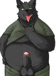  anthro balls black_fur canine chubby clothing dog donguri erection fur green_eyes humanoid_penis looking_at_viewer male mammal open_mouth pants pants_down penis precum shirt shirt_lift simple_background solo standing uncut 